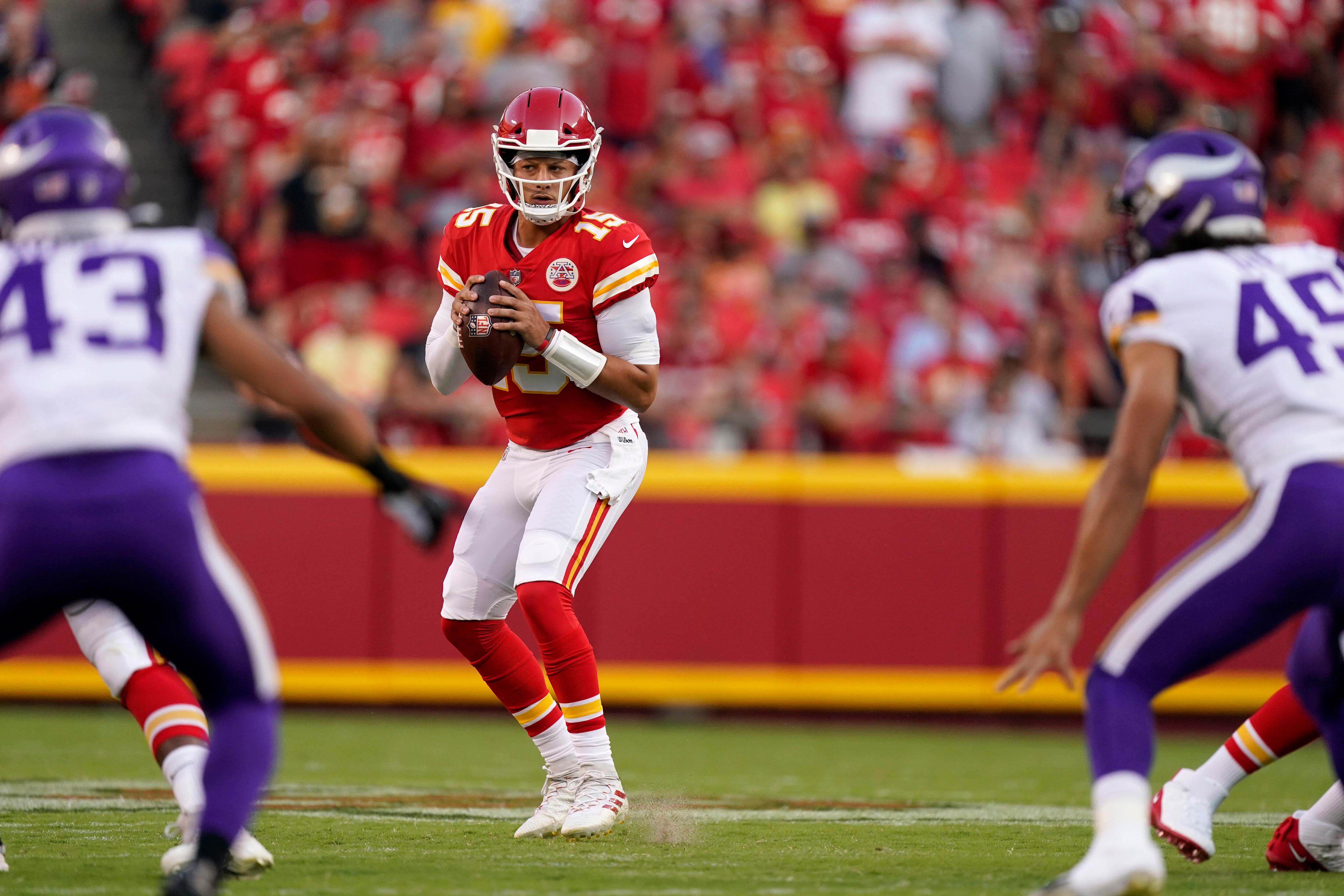 Minnesota Vikings defensive tackle Pat Williams looks at a replay