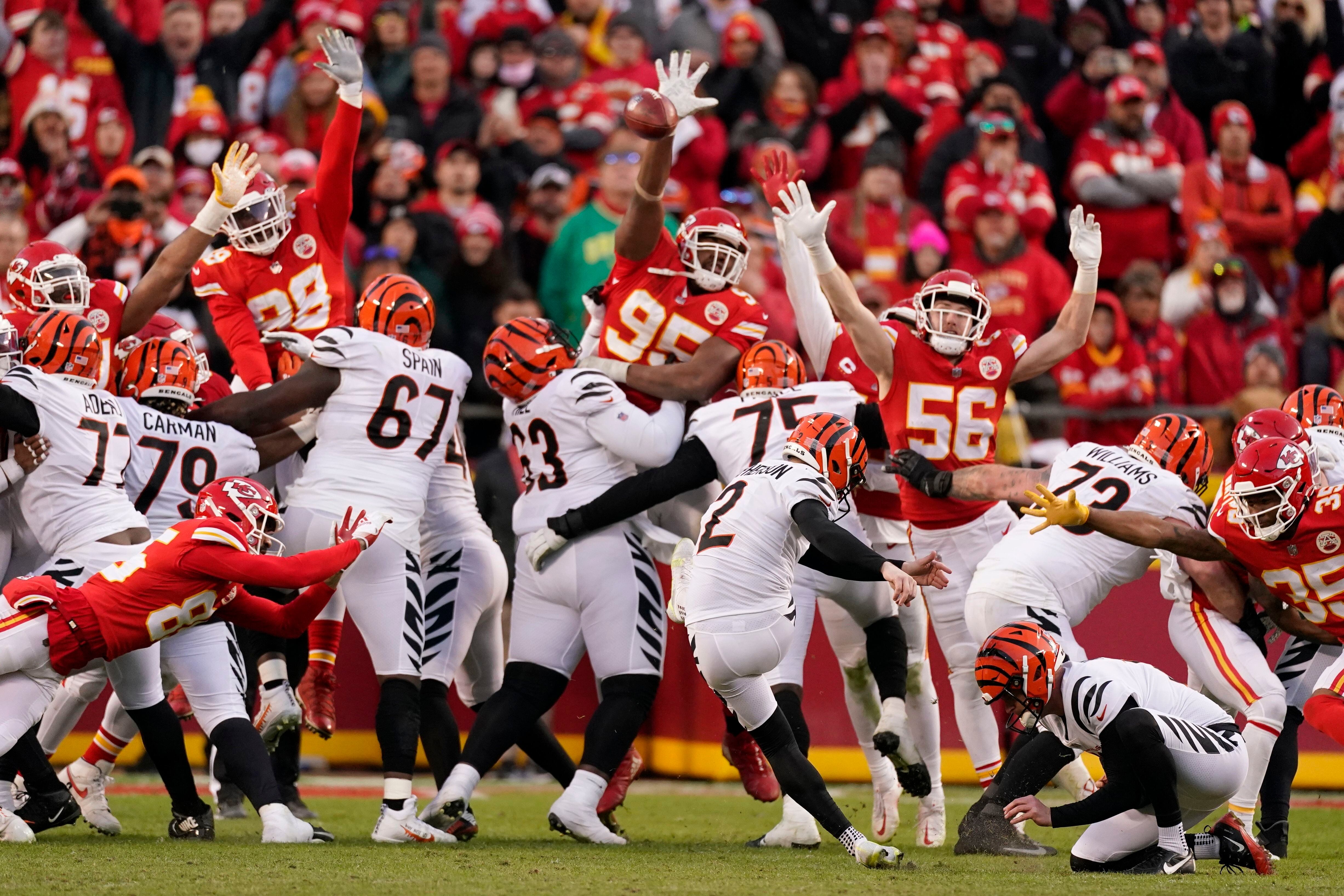 Cincinnati Bengals free safety Jessie Bates III (30) reacts with teammates  after an interception against the Los Angeles Rams during the first half of  the NFL Super Bowl 56 football game Sunday