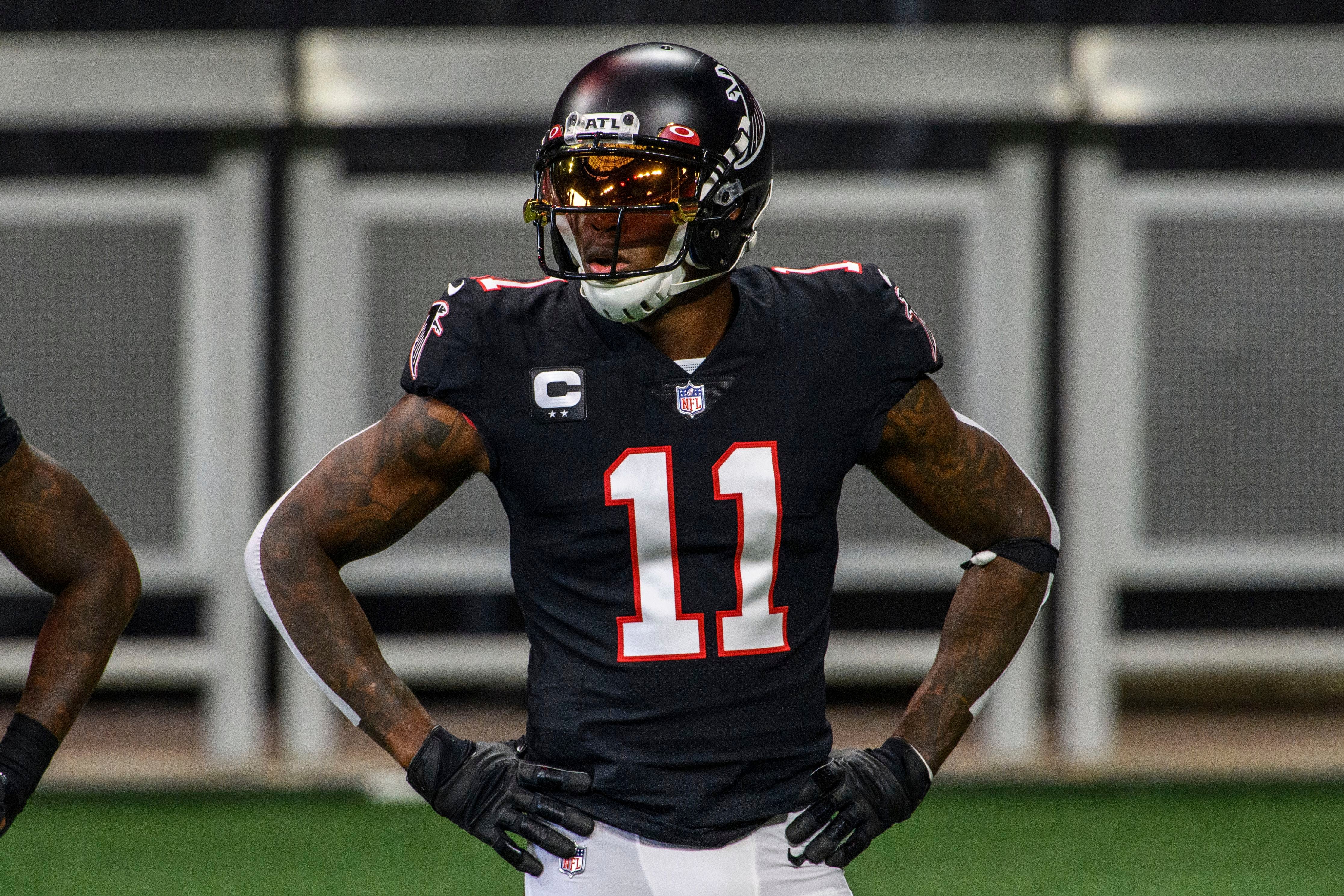 Atlanta Falcons wide receiver Julio Jones (11) is interviewed