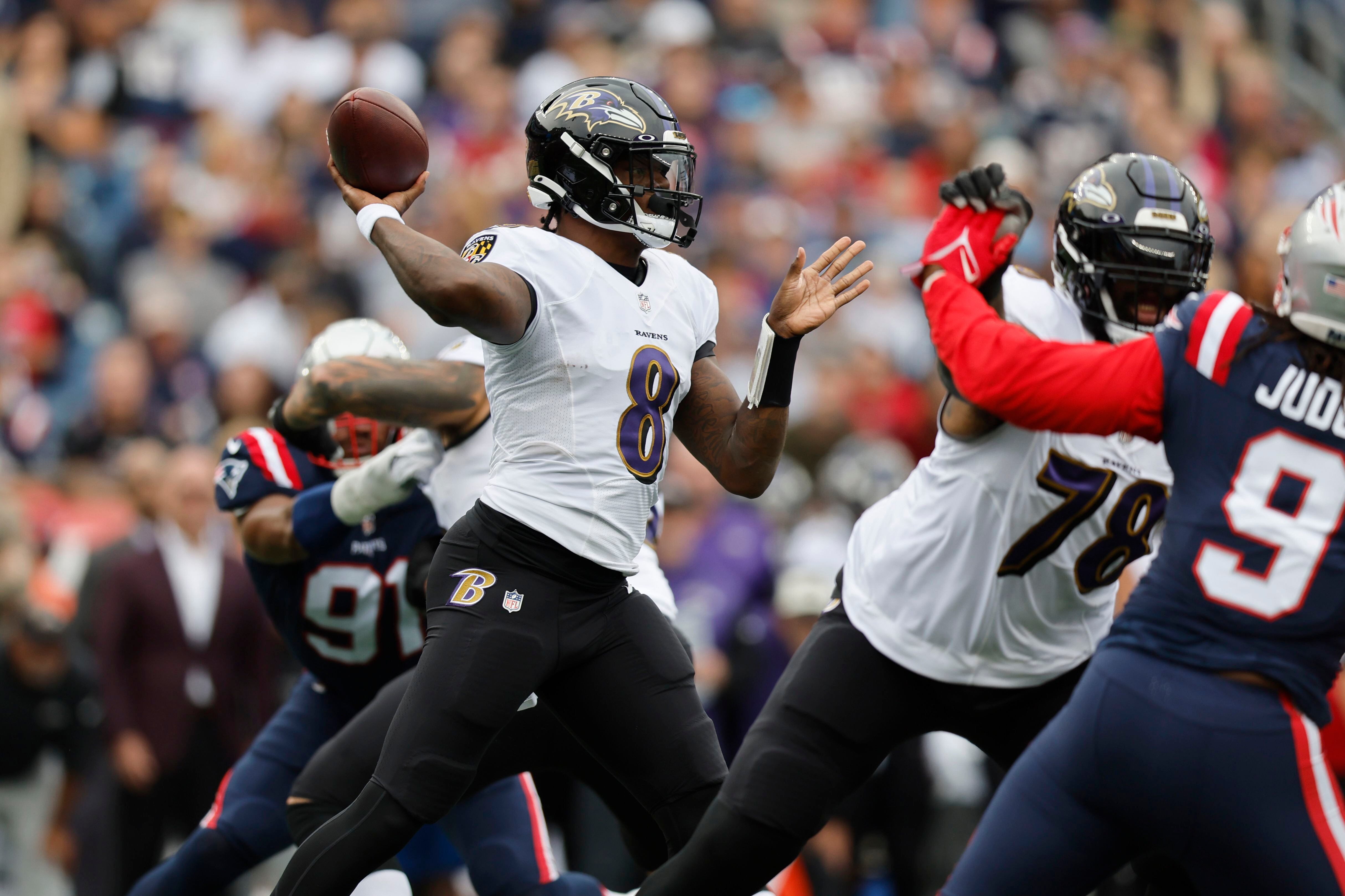 Baltimore Ravens wide receiver Rashod Bateman (7) runs a route during the  second half of an NFL football game against the New England Patriots,  Sunday, Sep. 25, 2022, in Foxborough, Mass. (AP