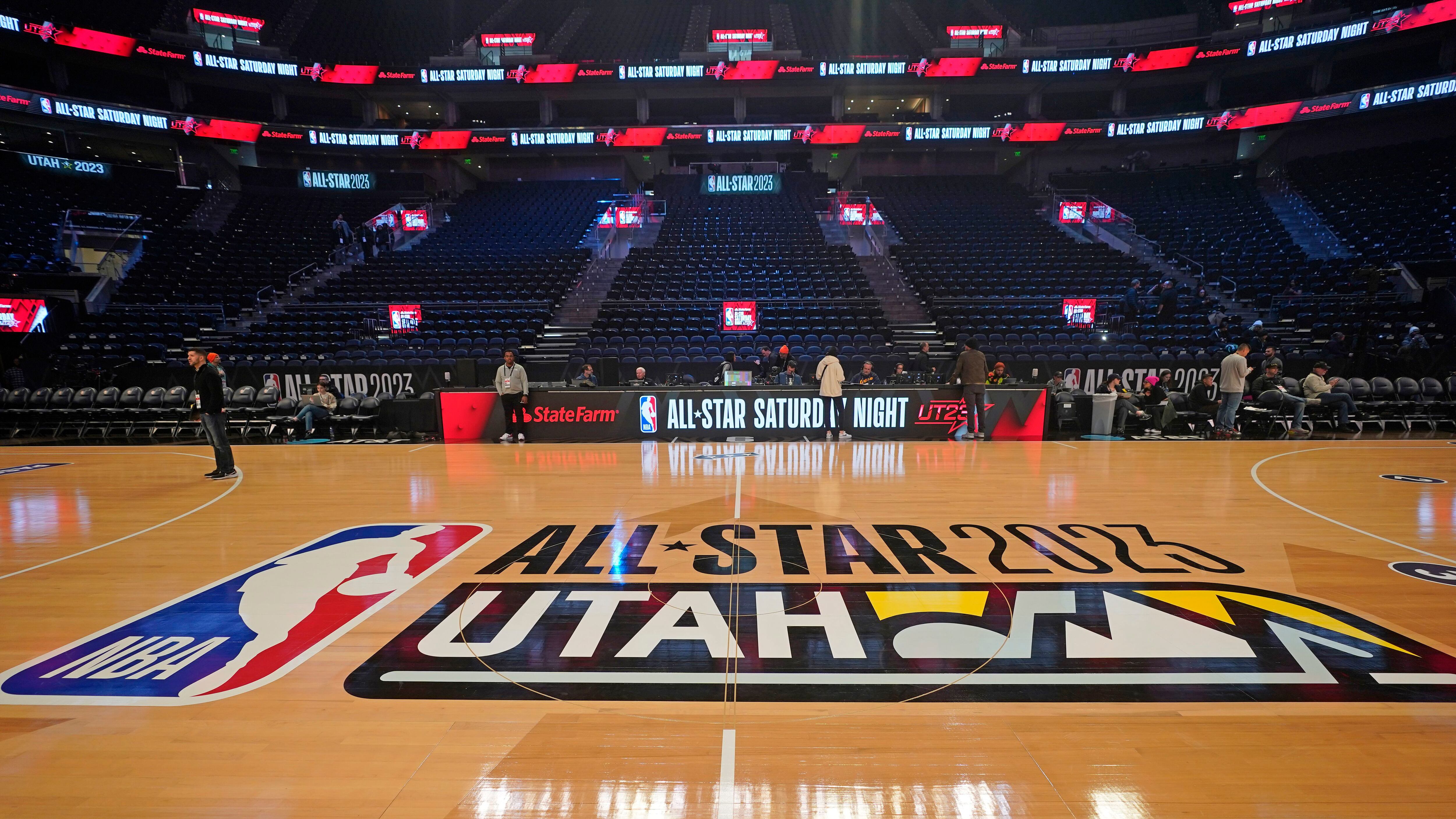 The 2023 NBA All-Star basketball jerseys are shown during a media tour  before the start of the All-Star weekend Wednesday, Feb. 15, 2023, in Salt  Lake City. More than 60 players are