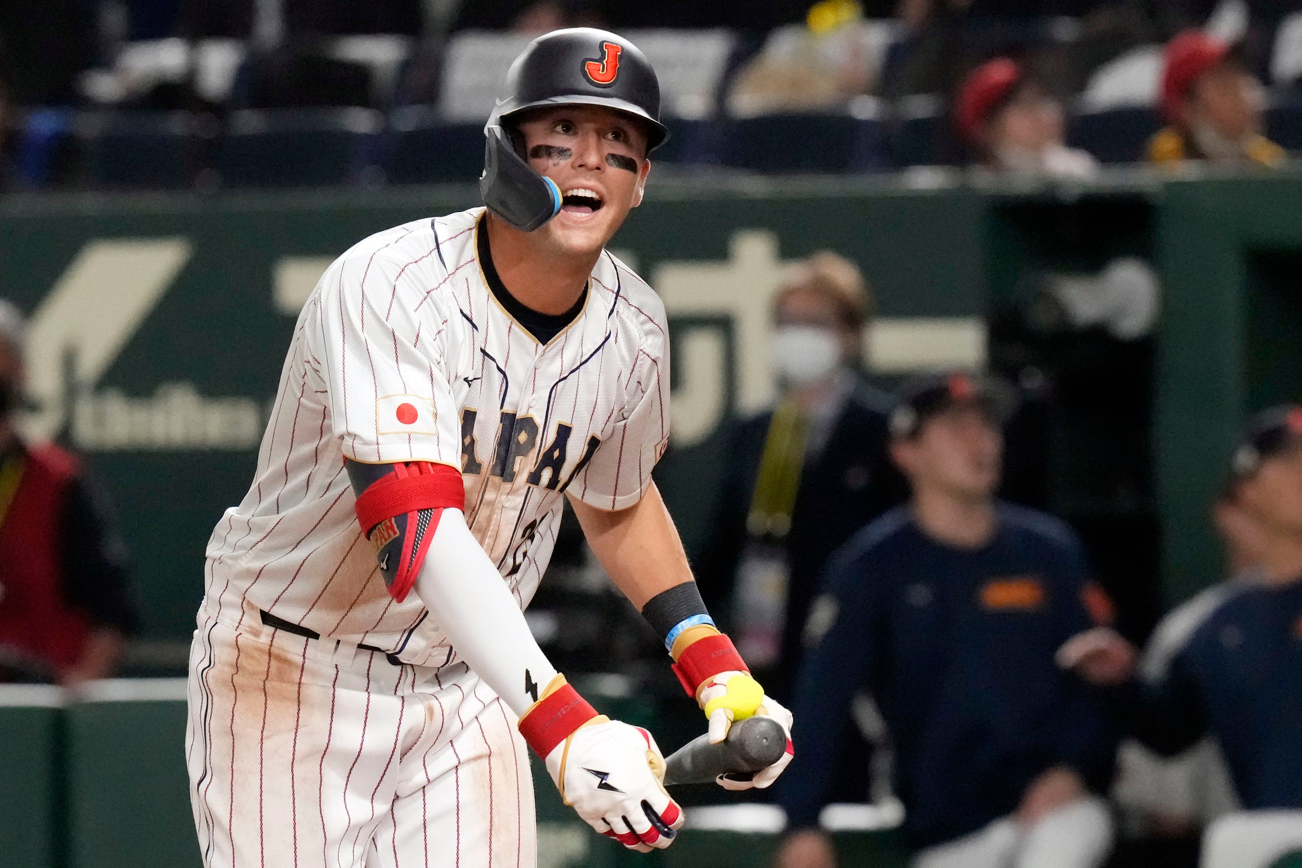 Japan's Lars Nootbaar reacts after hitting a single during the