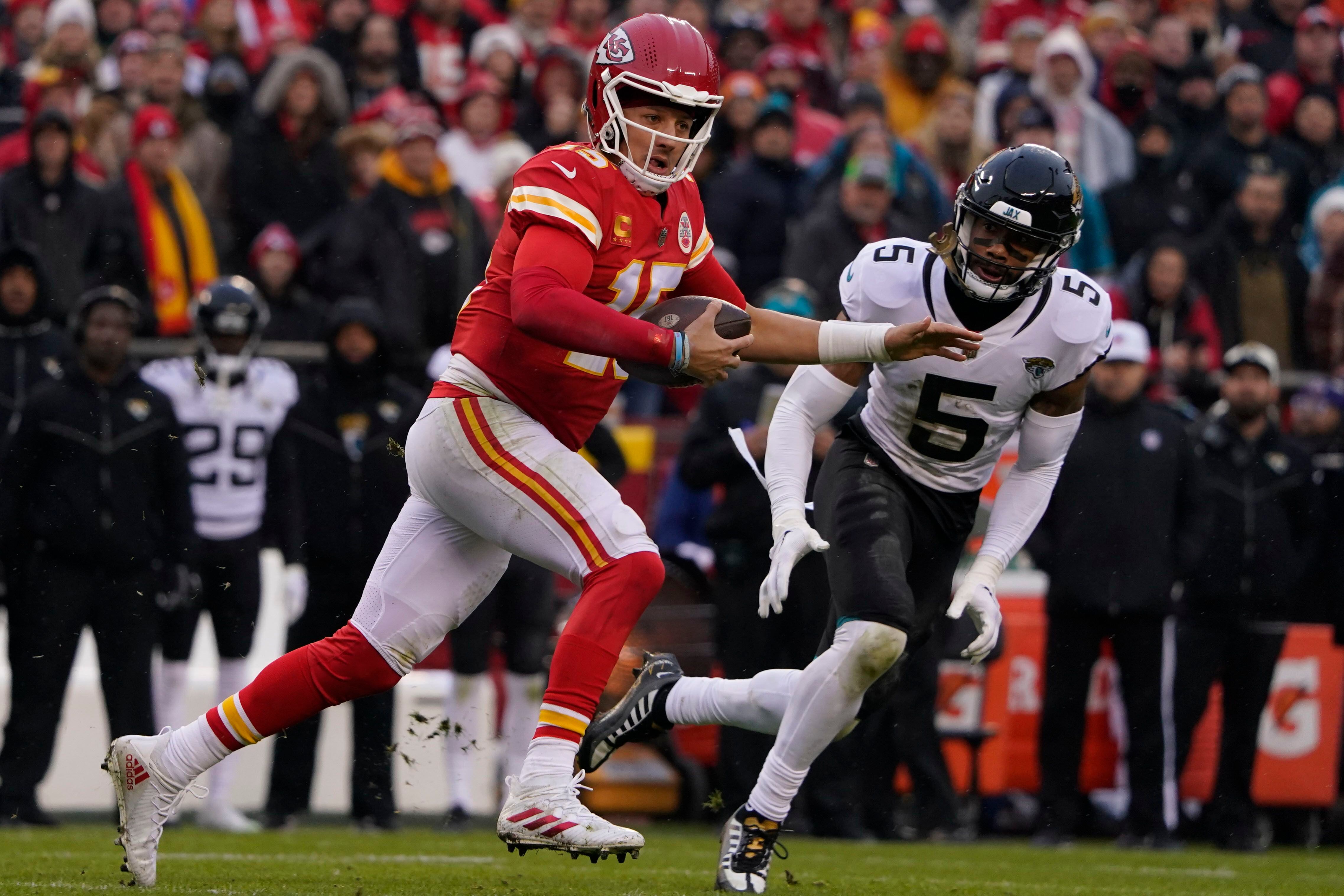 Kansas City Chiefs running back Isiah Pacheco celebrates with fans after a  win against the Jacksonville Jaguars during an NFL Divisional Playoff  football game Saturday, Jan. 21, 2023, in Kansas City, Mo. (