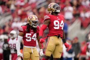 San Francisco 49ers defensive coordinator DeMeco Ryans looks up at a replay  during an NFL football game against the Minnesota Vikings, Sunday, Nov. 28,  2021, in Santa Clara, Calif. (AP Photo/Scot Tucker