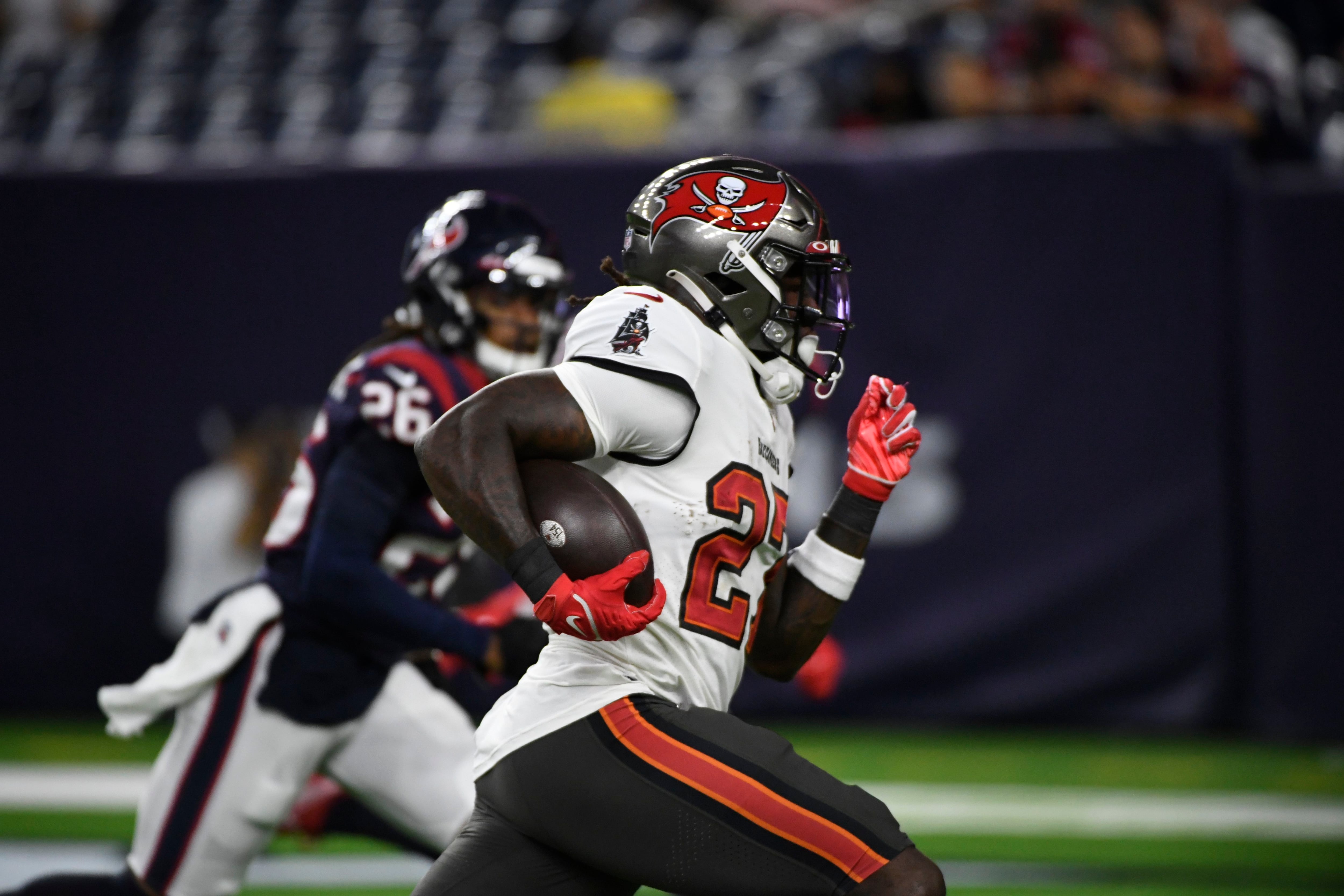 August 28, 2021: Tampa Bay Buccaneers quarterback Kyle Trask (2) looks on  as starting quarterback Tom Brady runs the Buccaneers offense during an NFL  preseason game between the Houston Texans and the