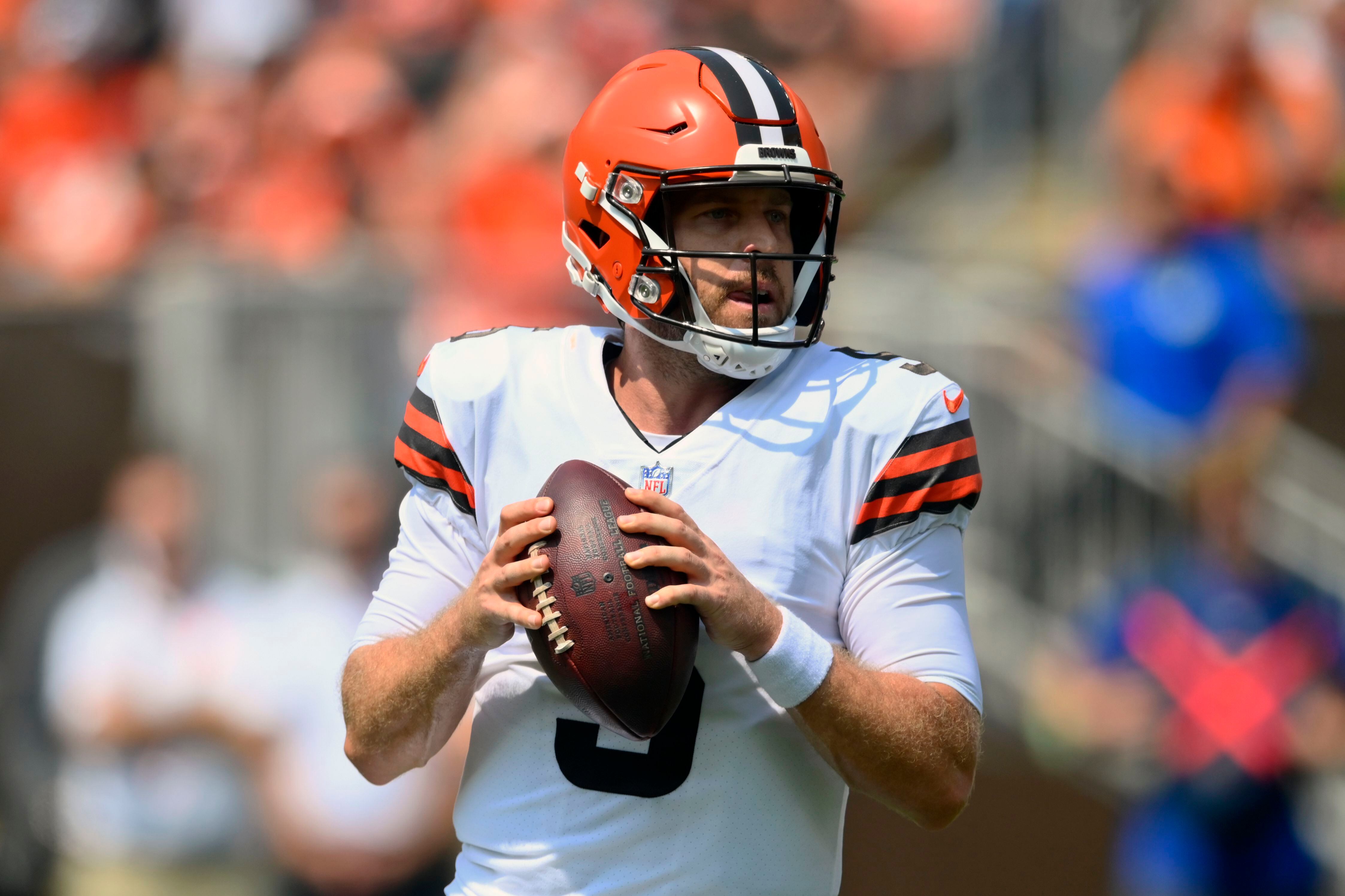 Cleveland Browns wide receiver KhaDarel Hodge celebrates after a 7-yard  touchdown pass during the first half of an NFL football game against the  New York Giants, Sunday, Aug. 22, 2021, in Cleveland. (