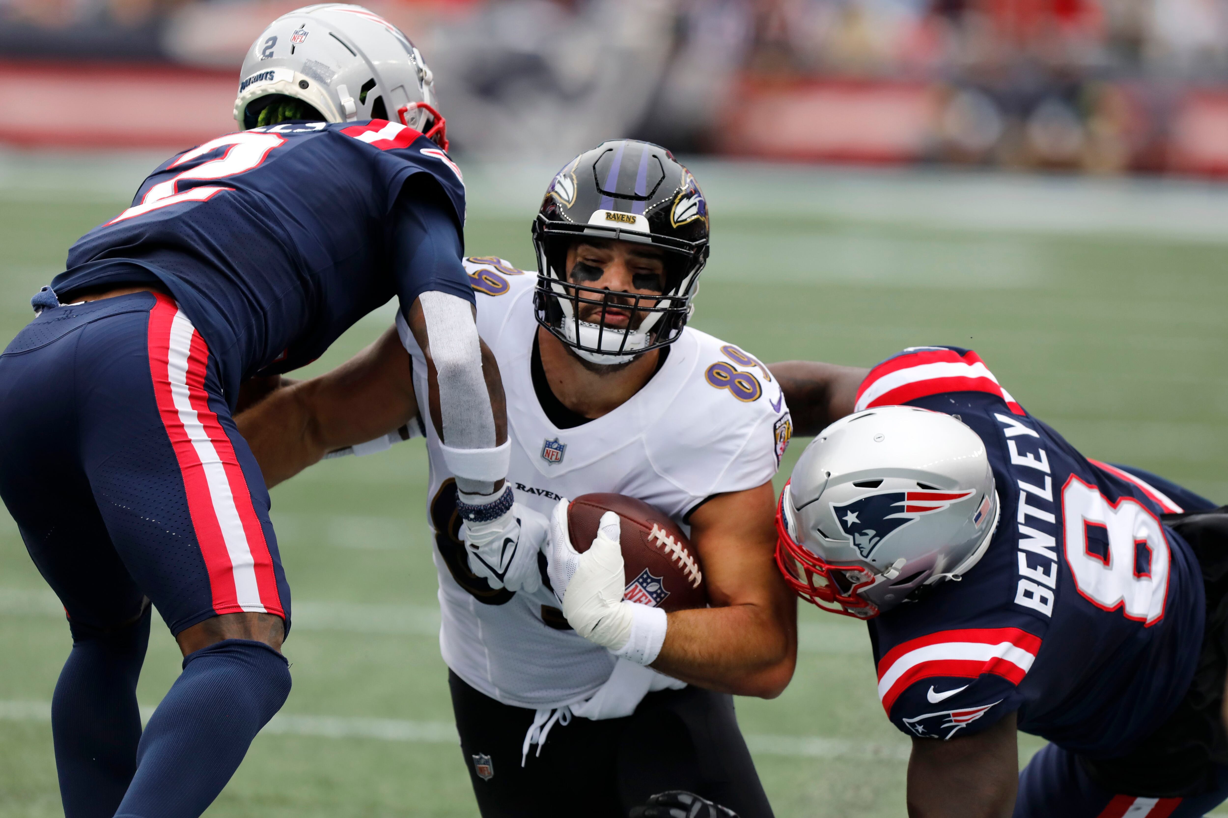 Baltimore Ravens wide receiver Rashod Bateman (7) runs a route during the  second half of an NFL football game against the New England Patriots,  Sunday, Sep. 25, 2022, in Foxborough, Mass. (AP