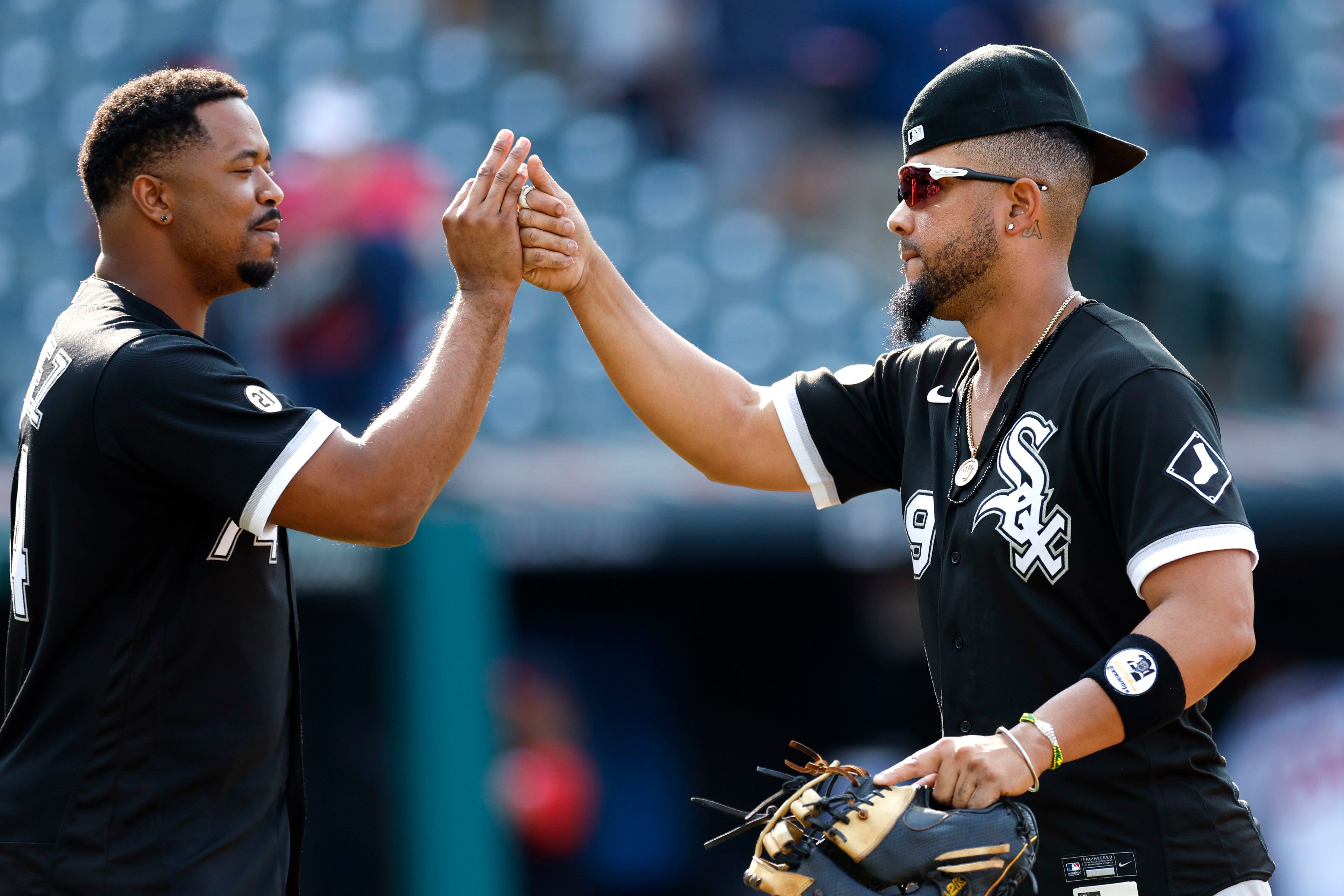 Andrew Vaughn and Yoan Moncada of the Chicago White Sox celebrate