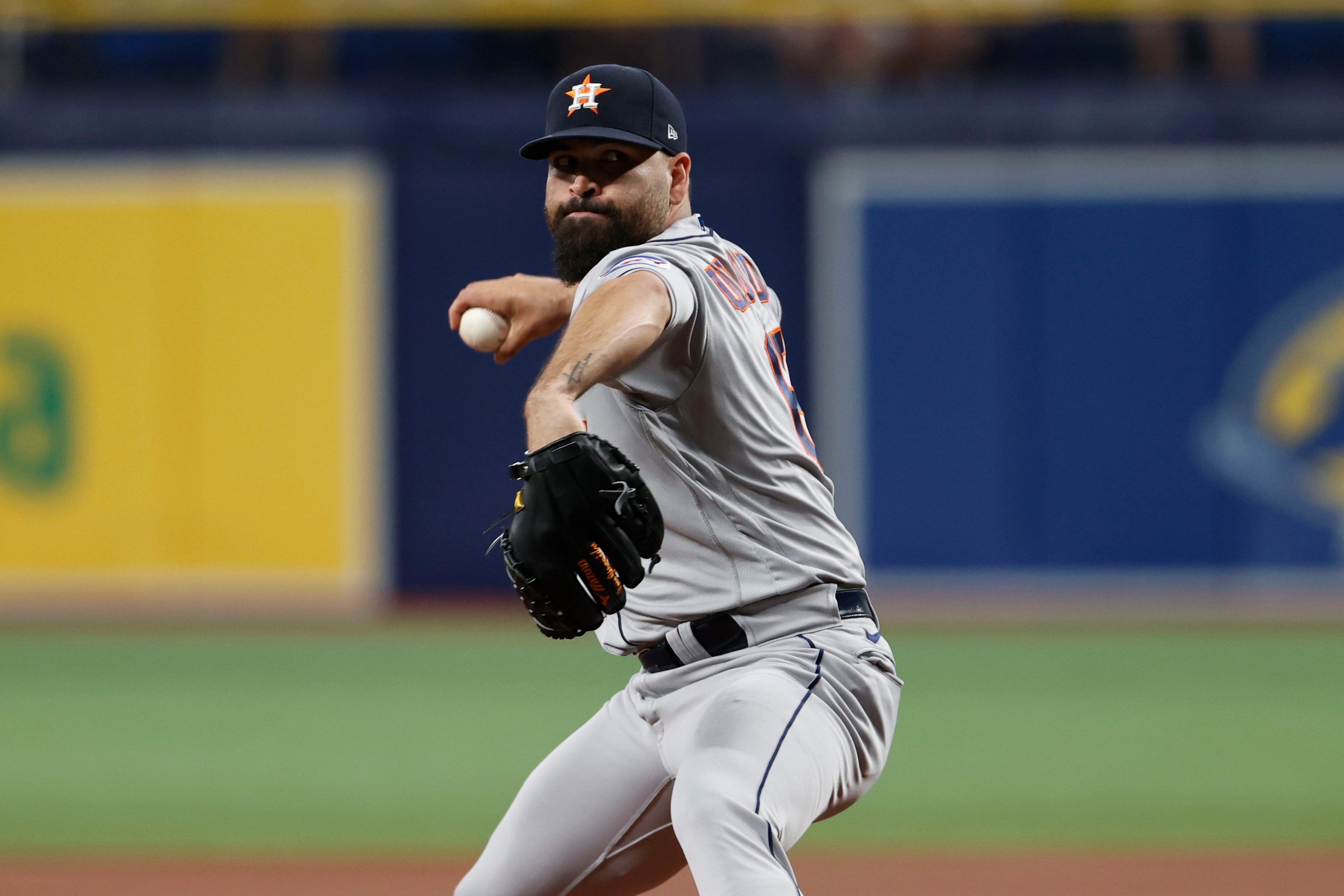 Tampa Bay Rays' Jose Siri draws a walk from Houston Astros starting pitcher  Luis Garcia during the fifth inning of a baseball game Tuesday, April 25,  2023, in St. Petersburg, Fla. (AP