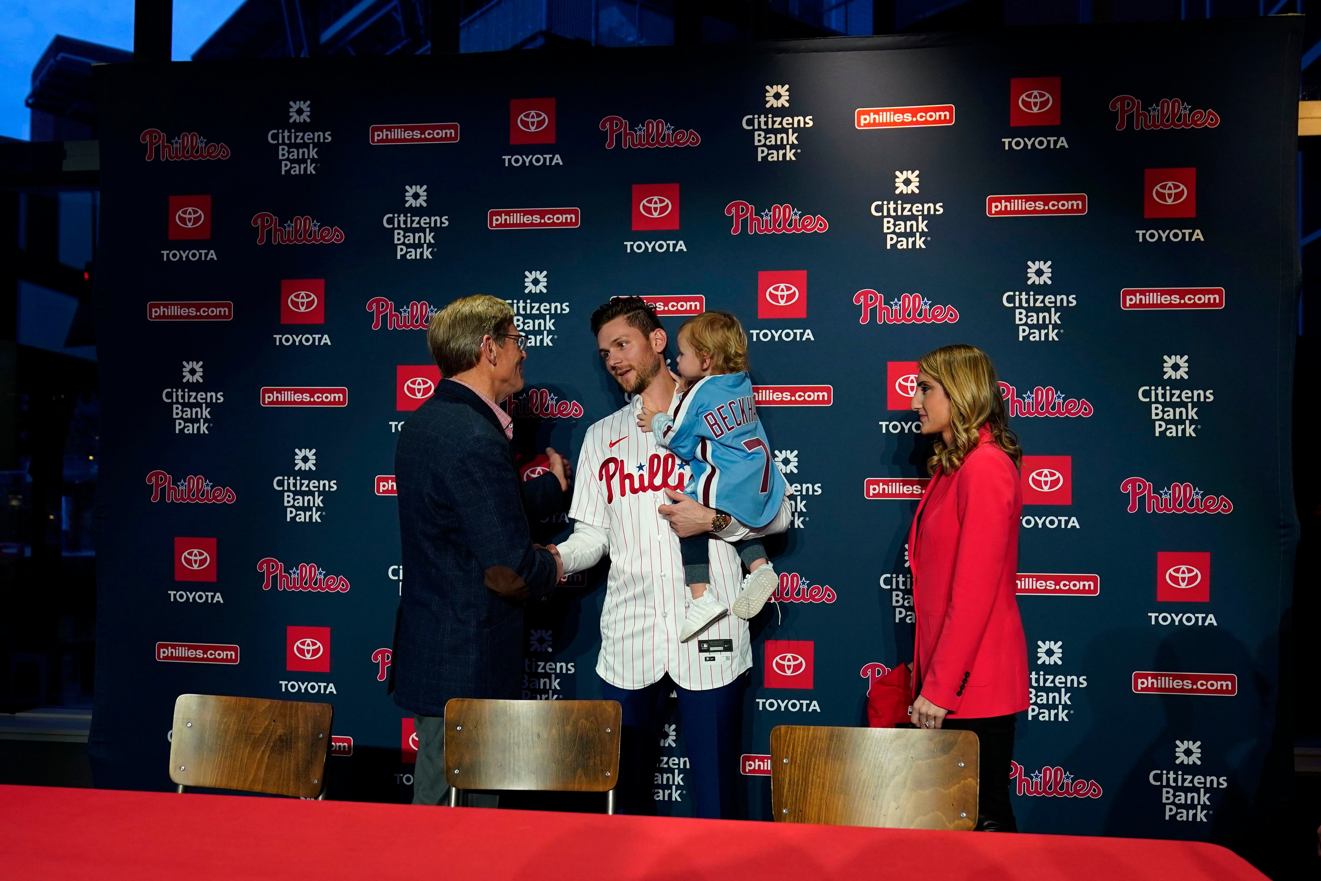 Trea Turner rockin' his new Phillies jersey with his son, Sam Fuld and Dave  Dombrowski : r/baseball