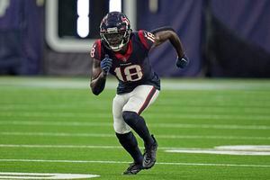 Houston, Texas, USA.October 10, 2021: Houston Texans wide receiver Chris  Conley (18) gestures after scoring on a 37-yard touchdown reception during  an NFL game between Houston and New England on October 10