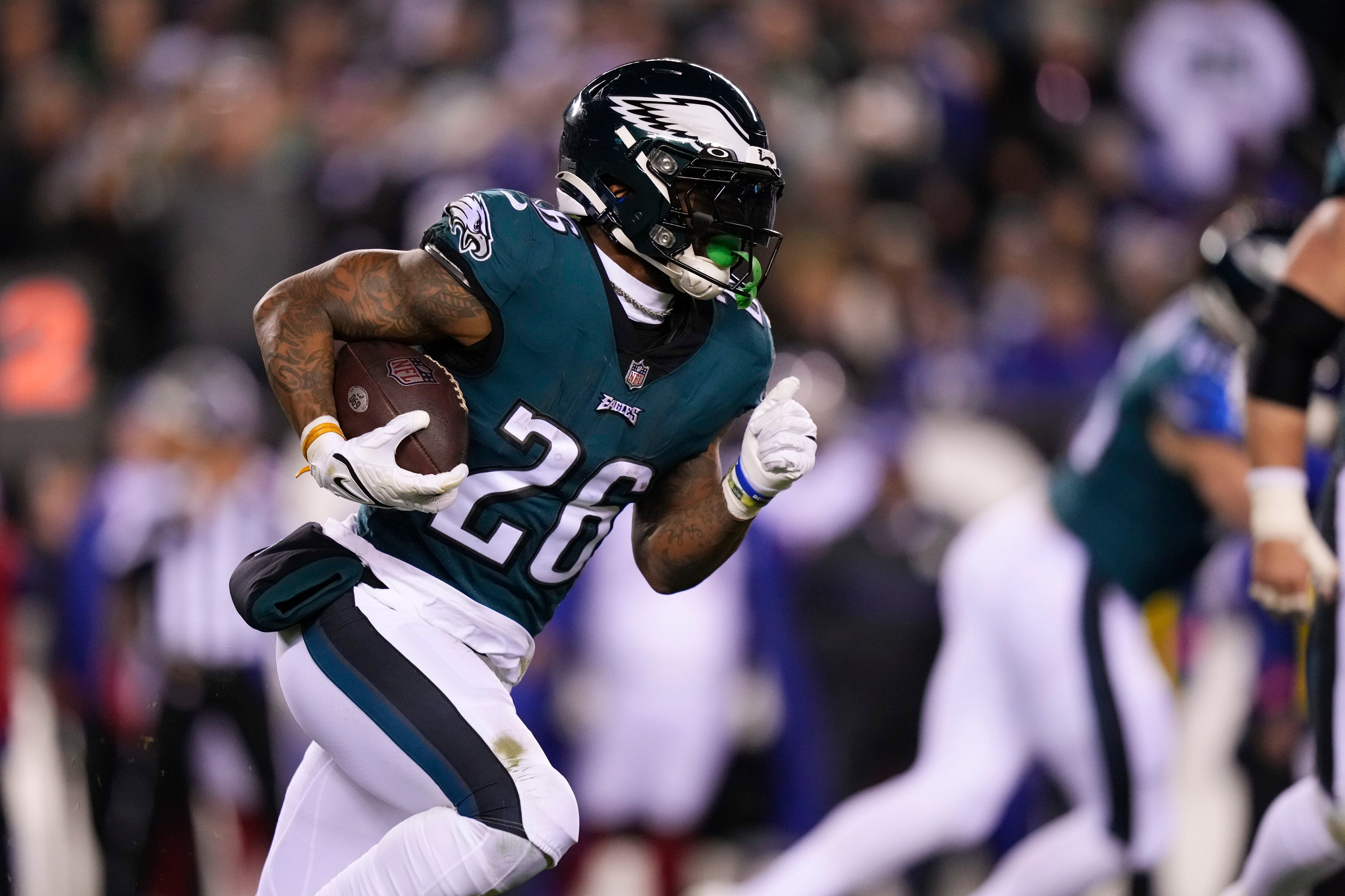 Philadelphia Eagles running back Miles Sanders (26) celebrates with  quarterback Jalen Hurts (1) after scoring a touchdown against the New York  Giants during the first quarter of an NFL football game, Sunday